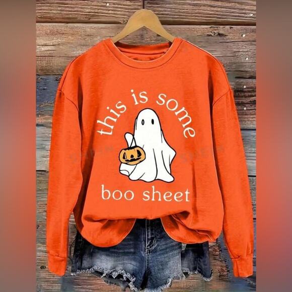 Relaxed Fit Crew Neck Sweatshirt With Pumpkin Ghost & Text Graphic Print 🧡🖤🧡 - Picture 1 of 1